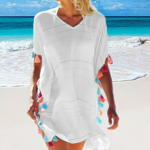 beach maxi dress with sleeves Women Holiday Beach Bikini Cover Up Boho Casual Party Sun Mini Dress Sundress swim skirt cover up no brief Cover-Ups