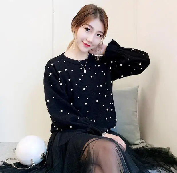 

Plus Size XL-5XL Spring Autumn Sweater Women Pearl Beading Knitted Pullover Lantern Sleeve Pure Color Casual Loose Sweater JR141