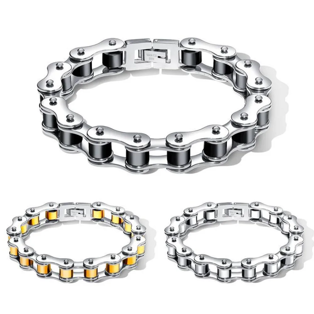 

Top Quality Men's Women's Jewelry 316L Stainless Steel Silver/SilverGold/SilverBlack 12MM Motorcycle Bike Chain Bracelet 8.07''