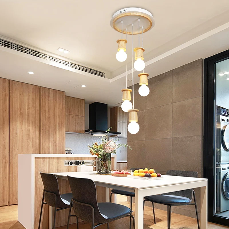 

MDWELL Modern LED Pendant Lights With wood Lampshade For Dining Wooden Hanging Lamp E27 Wood Kitchen Luminaire