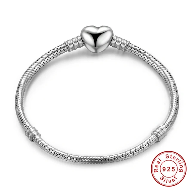 Authentic 100 925 Sterling Silver Snake Chain Heart Charm Bracelet