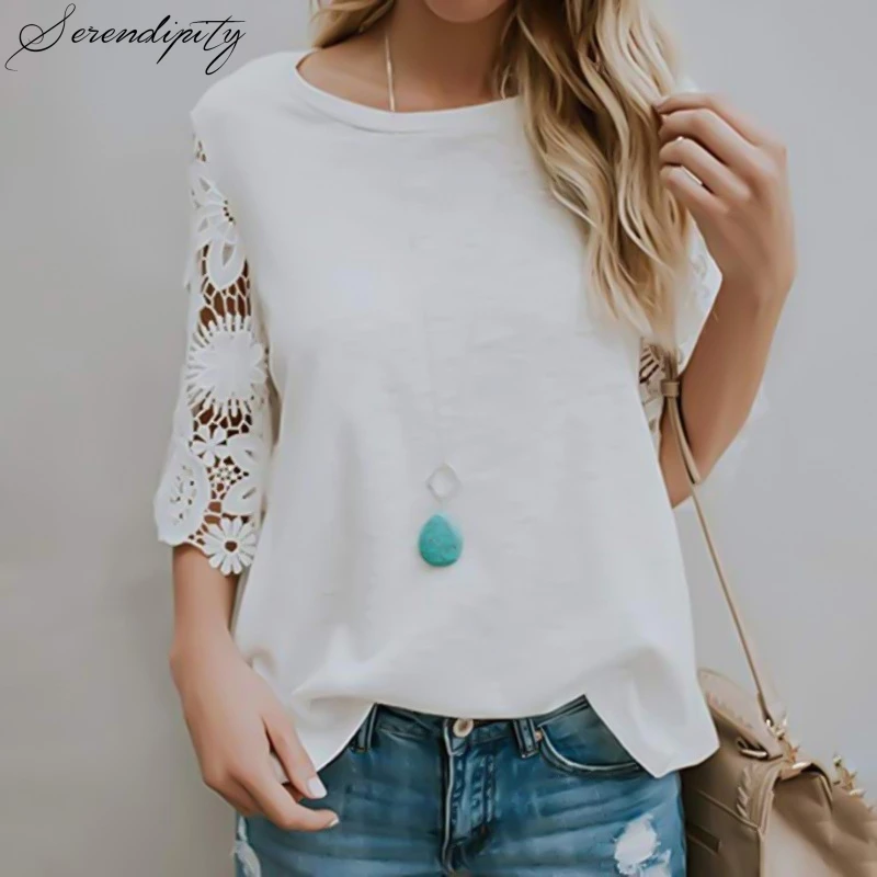 

SRDP Lace Patchwork Solid Blouses Casual O Neck Half Sleeve Hollow Out Women Summer Blusas White Pink Blouses Shirt Chiffon Top