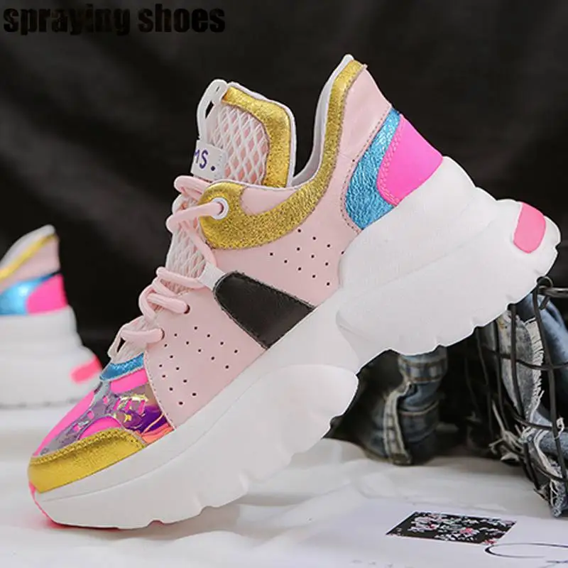 

Trendy Women Pink/White Genuine Leather Mesh Sneakers Retro Style Thick Bottome Casual Shoes Training Running Platform Shoes