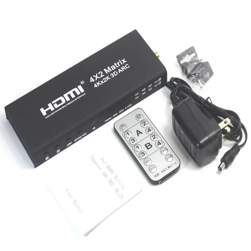 

4 x 2 HDMI Matrix Switch, HD True 4K x 2K 3D HDMI Matrix Switcher/Splitter, with SPDIF & L/R 3.5mm HDMI Audio Extractor, Suppo