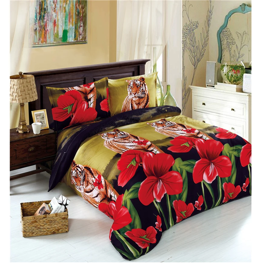 4Pcs 3D Bedding Set Tiger Flowers Print Comforter Bedding Sets