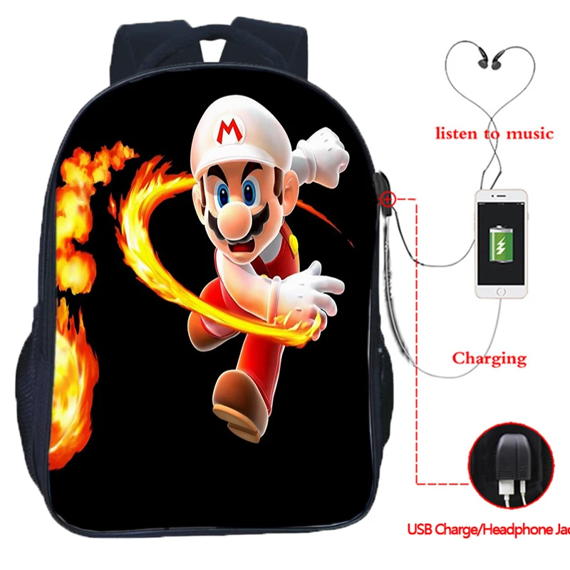 Super Mario Bro Backpack Teenagers Schoolbag USB Charge music Mochila Travel Bag