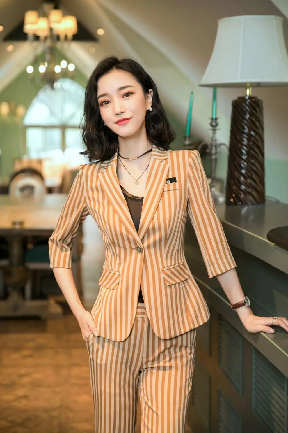 IZICFLY Spring Summer Khaki Striped Suits for Women Pants and Blazer Slim Business Completo Donna Elegante Office Wear Big Size IZICFLY Spring Summer Khaki Striped Suits for Women Pants and Blazer Slim Business Completo Donna Elegante Office Wear Big Size