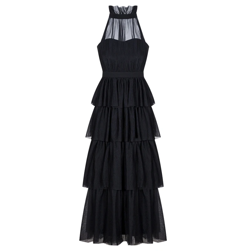 Черное Сетчатое Прозрачное платье с рюшами, летнее пляжное элегантное женское вечернее платье без рукавов, макси платья знаменитостей, женское платье