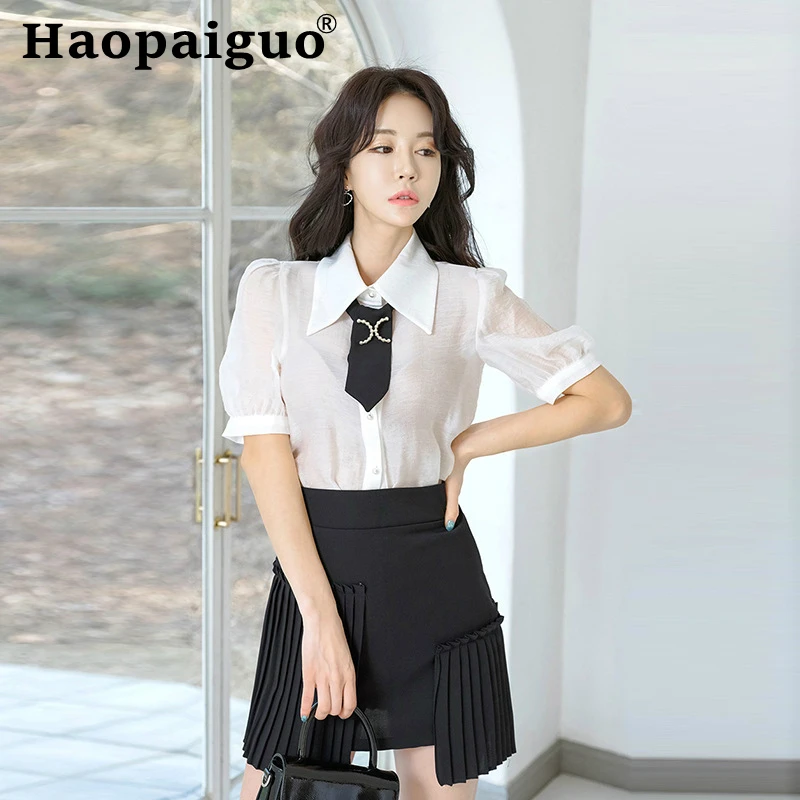 

Plus Size Summer OL Office Two Pieces Set Short Sleeve Corset White Blouse and Pleated Ruffles Mini Skirt Casual 2 Pieces Set