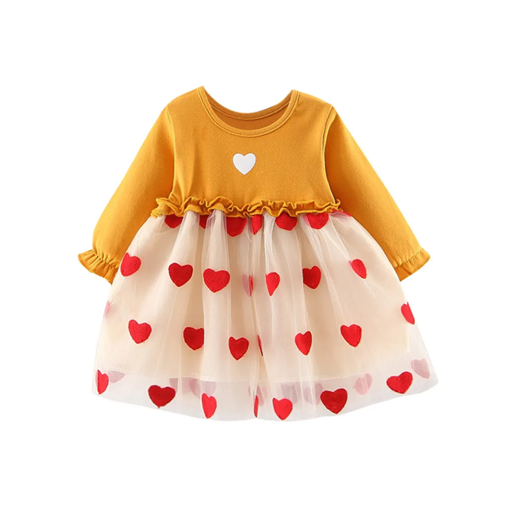 Платье для маленьких девочек; одежда для малышей; фатиновые платья с рюшами в стиле пэчворк с сердечками; Одежда для девочек; осеннее платье принцессы с круглым вырезом