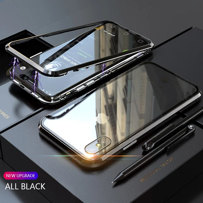 CHYI 360 магнитный металлический чехол для iPhone X XS Max 8 Plus 7 закаленное стекло задняя крышка для iPhone 8 7 Plus сплав металлическая рамка обновление - Цвет: all black