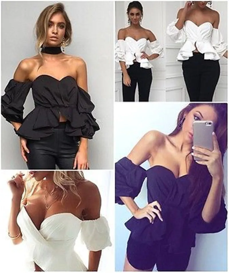 Fashion Women Off Shoulder Puff Sleeve Ruffle V-neck Peplum Crop Tops Summer Loose Strapless Casual Solid Color Shirts Blouse Fashion Women Off Shoulder Puff Sleeve Ruffle V-neck Peplum Crop Tops Summer Loose Strapless Casual Solid Color Shirts Blouse