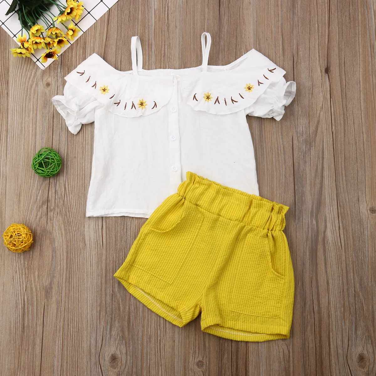 

Toddler Baby Girls Outfits Off-Shoulder Button Up Strappy Shirt + Front Pockets Yellow Shorts Infant Clothe Sets 3-8T