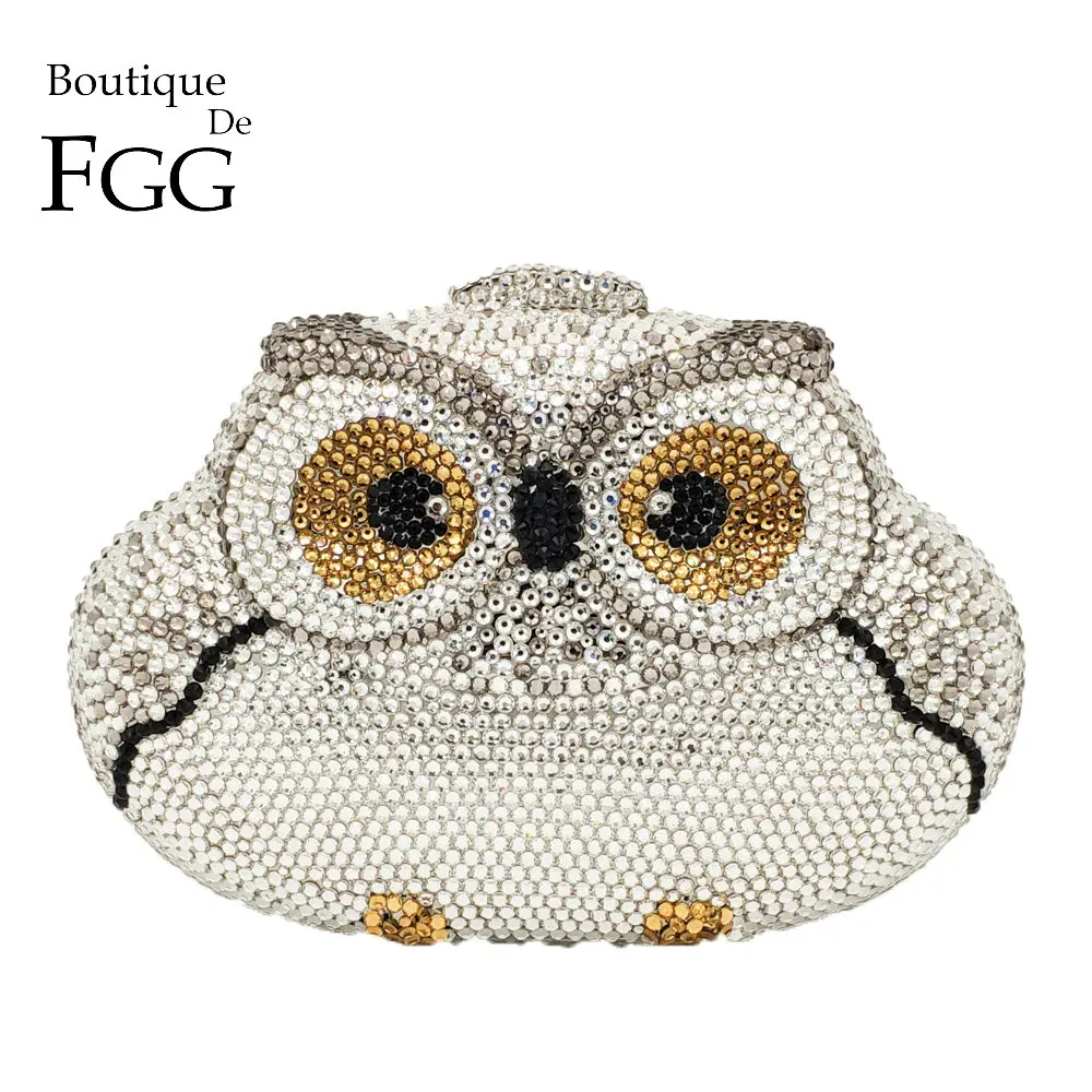 Женский Блестящий клатч Boutique De FGG Серебристый в виде совы с кристаллами вечерняя