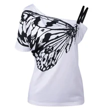 2017 Women T Shirts Skew Collar Butterfly Print Basic Tshirt European Style New Summer Plus Size Woman T-shirt Tees Tops S8