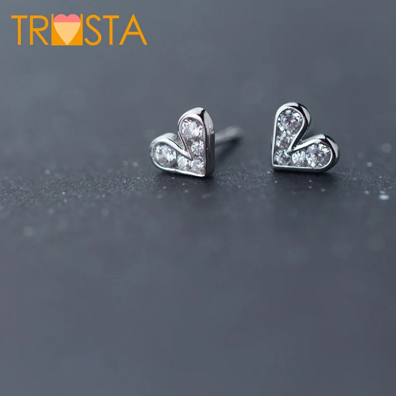

ElfoPlataSi 100% 925 Sterling Silver Cute Small Heart Clear CZ Stud Earrings Silver For Women Fashion Silver Jewelry Gift XY899