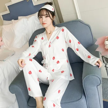 

Women's 2 Pieces Pajamas Sets 2018 Spring And Autumn Furnishing Wear Sexy V-Neck Women Pajama Sets Robe+Pant Female Pajamas