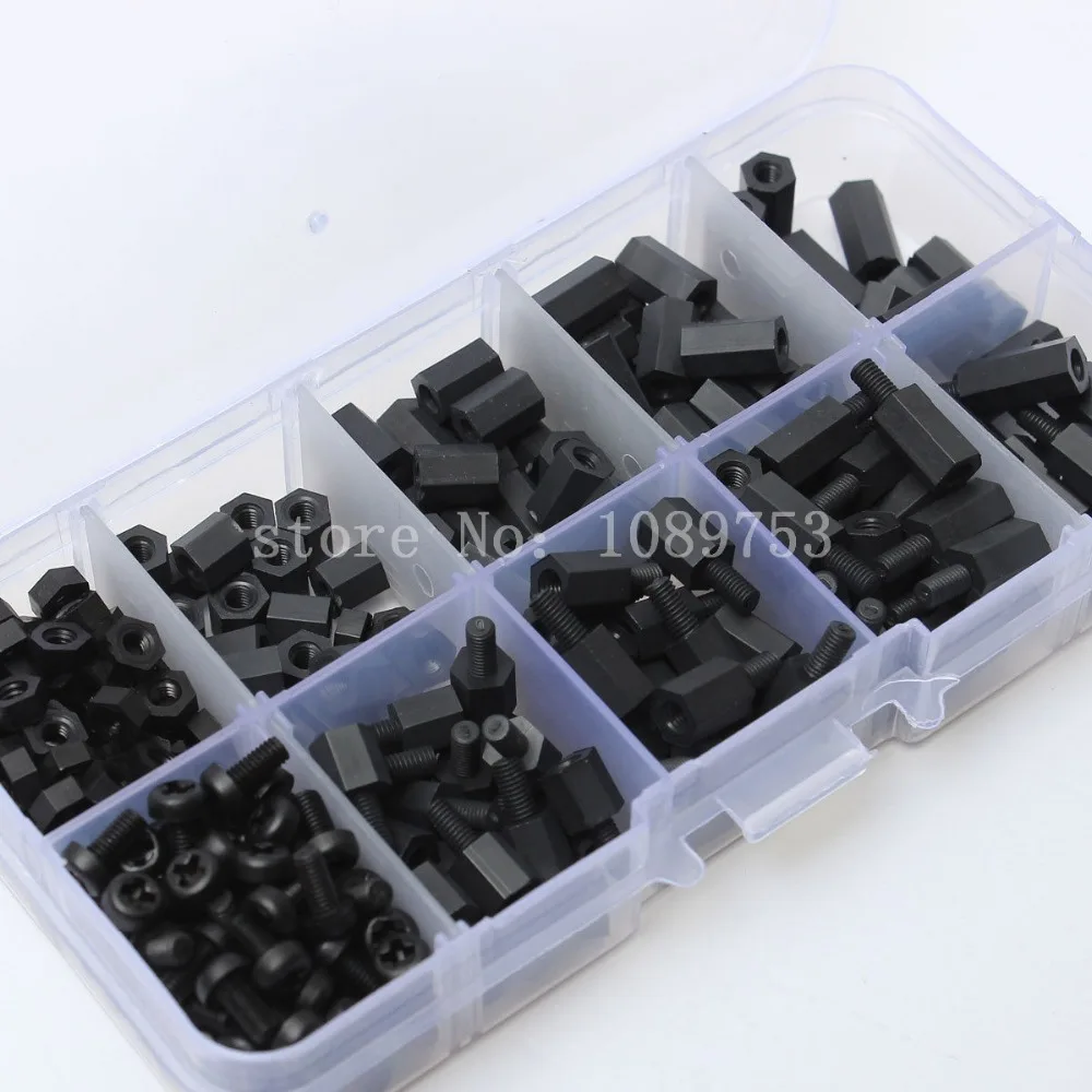 300Pcs M3 Nylon Black M-F Hex Spacers Screw Nut Stand-off Assortment Kit Set Box