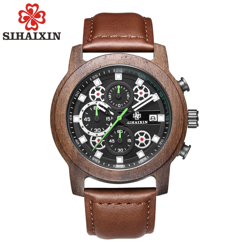SIHAIXIN Unique Leather Handmade Wood Watches Men Luxury Stop Watch Sport Chronograph Analog Male C