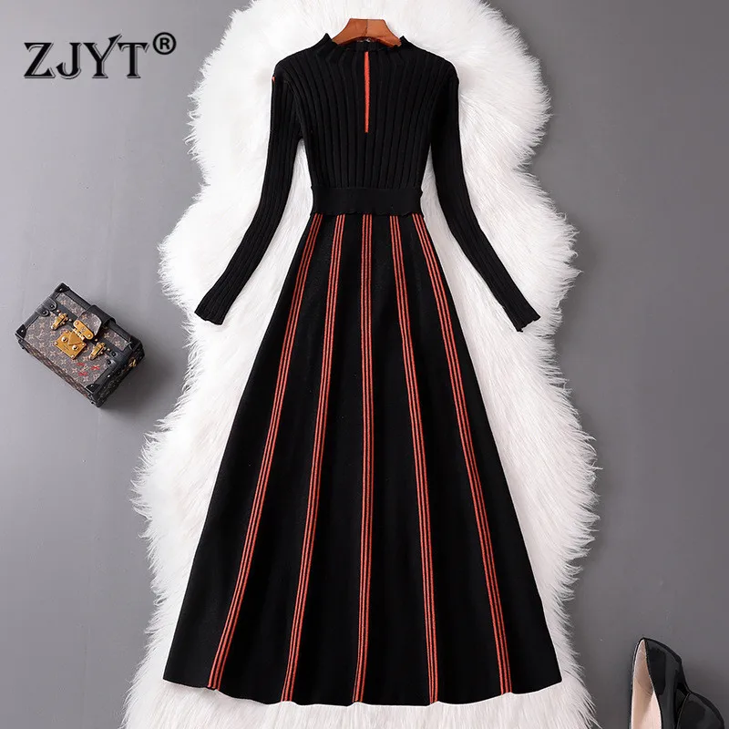 

New Fashion 2019 Autumn Winter Dress Women Designer Long Sleeve Striped Knit Mid Calf Casual Sweater Dresses Female Vestidos