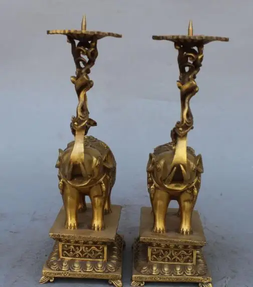 

S2344 12" Chinese Bronze Brass JiXiang Elephant Dragon Candlestick Holder Pair Statue