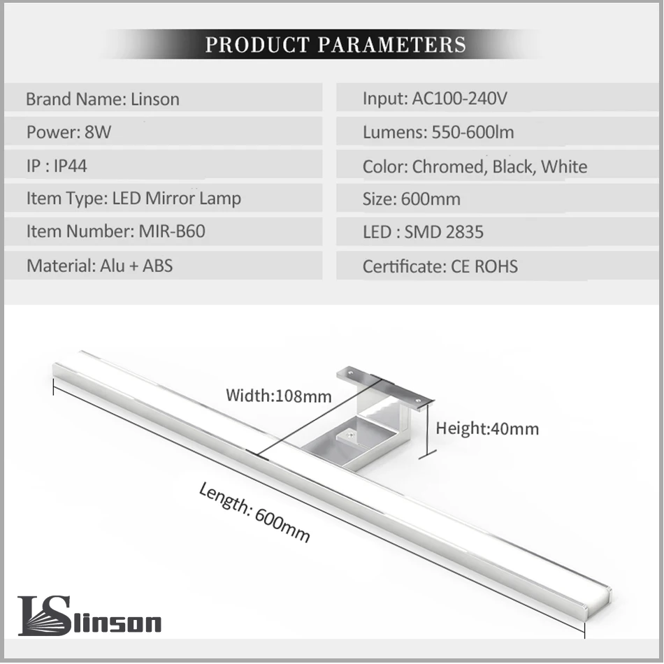 2в1 Linson 60 см 8 Вт 650lm IP44 CE ROHS хромированное светодиодное освещение зеркала в ванной настенный светодиодный светильник светодиодный шкаф светильник