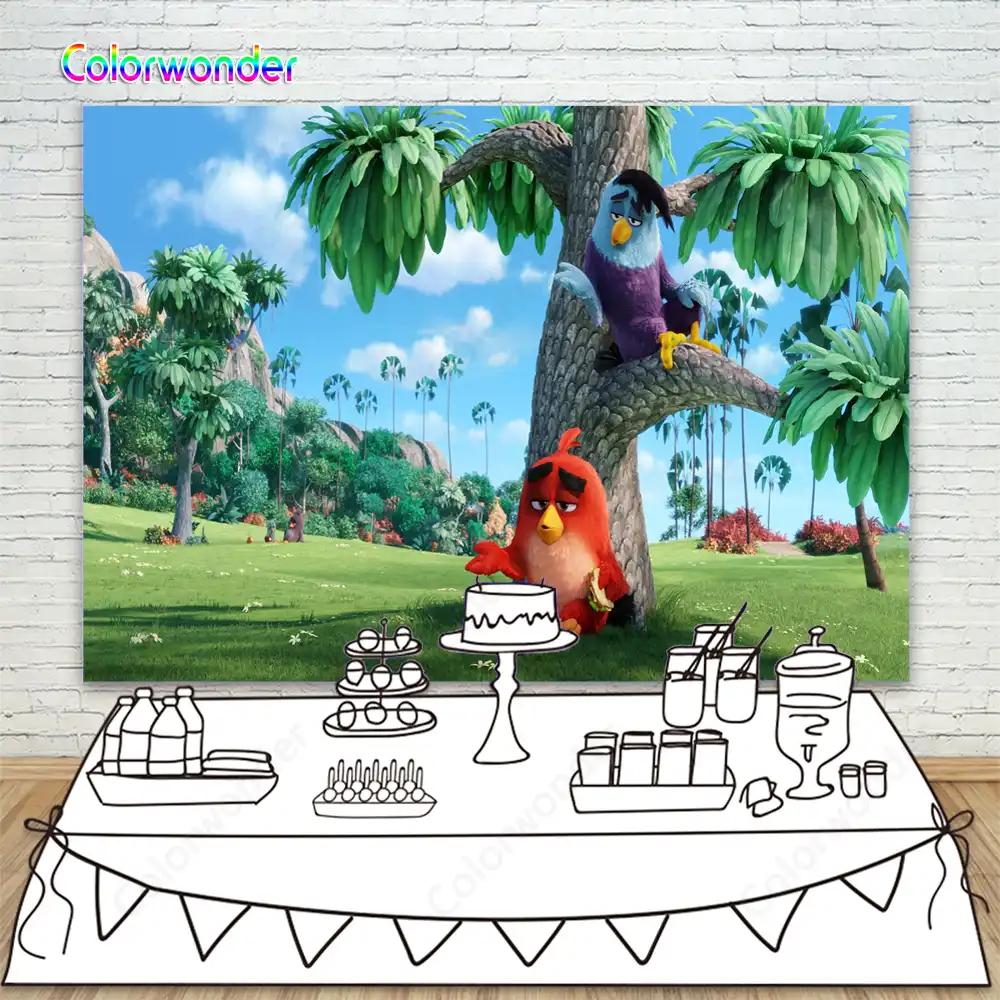 Cartoon Birds On Coconut Tree Tropical Summer Jungle Scenery