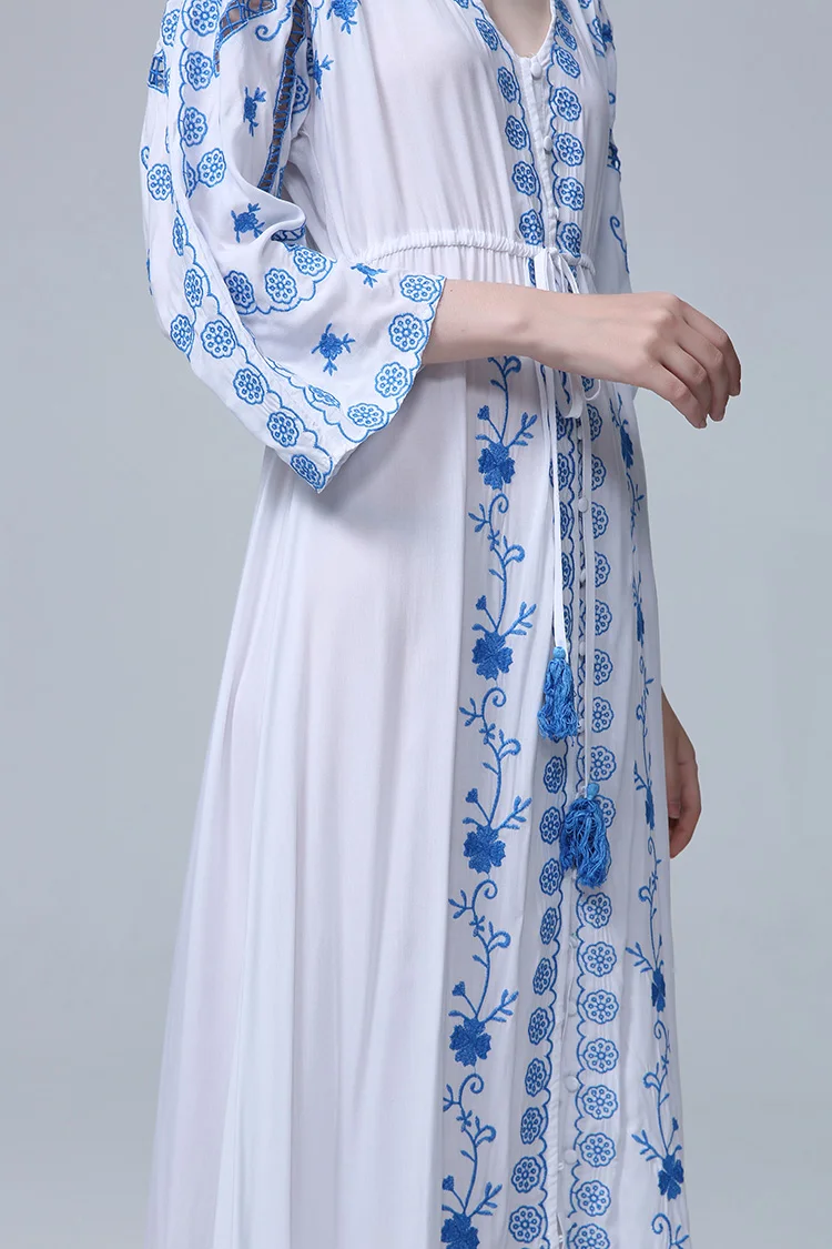 Jastie королевский синий Вышивка Макси платье Кнопка v-образным вырезом женские платья шнурок приталенное кимоно рукава Повседневные платья Весна