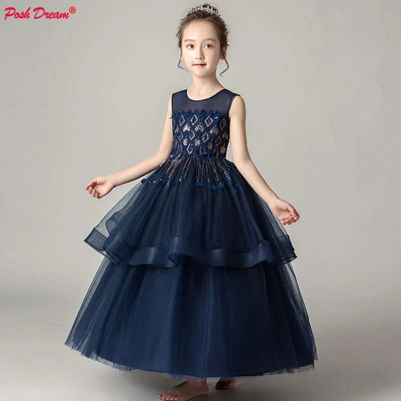 

POSH DREAM Navy Blue Summer New Flower Children Wedding Dresses Flower Embroidery Flower Evening Performing Long Party Dresses