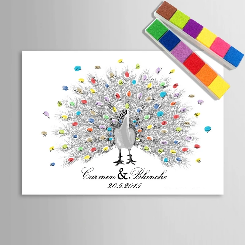 

DIY Fingerprint Signature Canvas Painting Peacock Flaunting its Tail Wedding Gift Decoration Guest Book