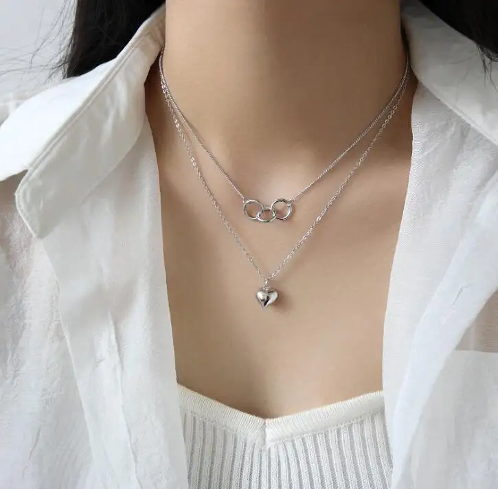 SHANICE стерлингового серебра 925 кулон ожерелье геометрический круг любовь сердце двухслойные для женщин ювелирный подарок для возлюбленных - Окраска металла: silver