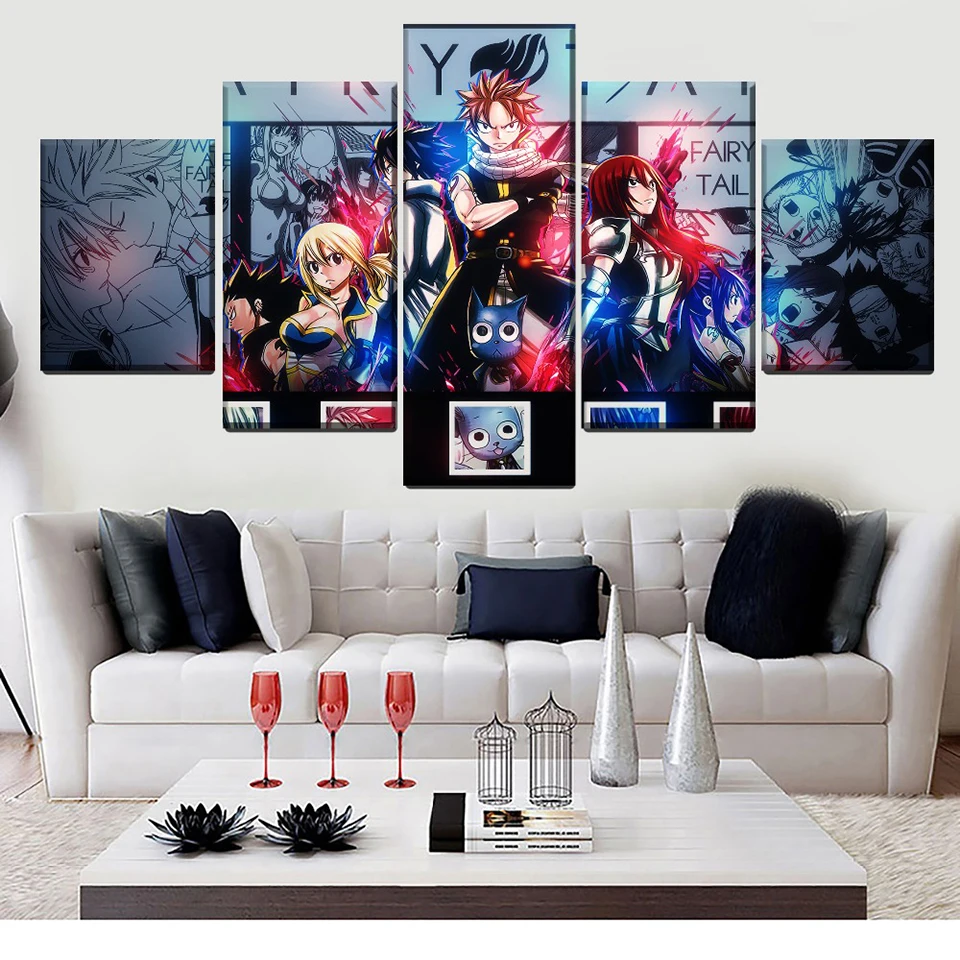 

Home Decoration Canvas 5 Pieces Printed Poster Fairy Tail Animation Painting Modern Wall Art Pictures Living Room Modular Frame