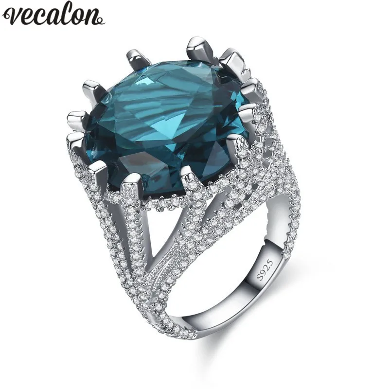 

Vecalon Big ring 15ct Blue AAAAA Zircon Crystal 925 Sterling Silver Engagement wedding Band rings for women fashion jewelry