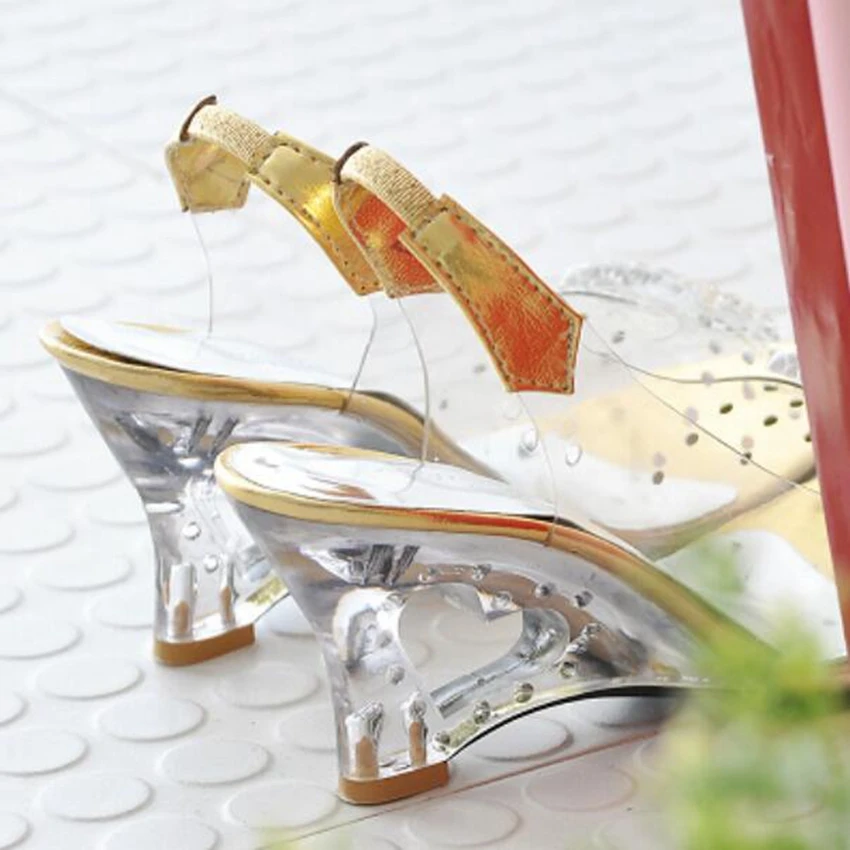 Женские туфли, большие размеры 30–43 цвета: золотистый, серебристый прозрачный модная женская обувь на высоком каблуке летние туфли-танкетки; женские туфли, плоская подошва, Для женщин сандалии для девочек L720