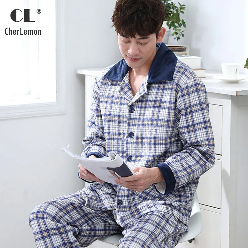 

CherLemon Thicken Quilted Cotton Mens Warm Pajama Set Male Winter Classic Turn Down Collar Long Sleeve Plaid Sleepwear M-4XL