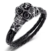 Мода Черный Плетеный Кожаные браслеты Для мужчин Нержавеющая сталь очарование черепа Браслеты браслеты Pulseira Для мужчин подарок