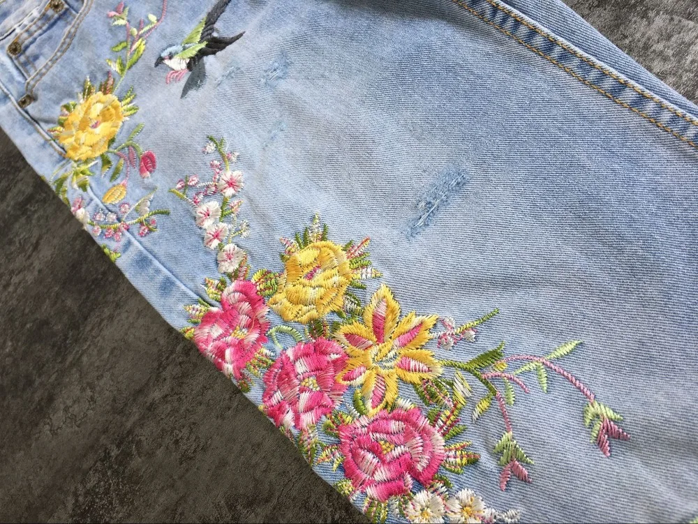 2017 Europe and the United States women's 3D three-dimensional heavy craft bird flowers front and rear side embroidery high waist straight irregular wear jeans (20)