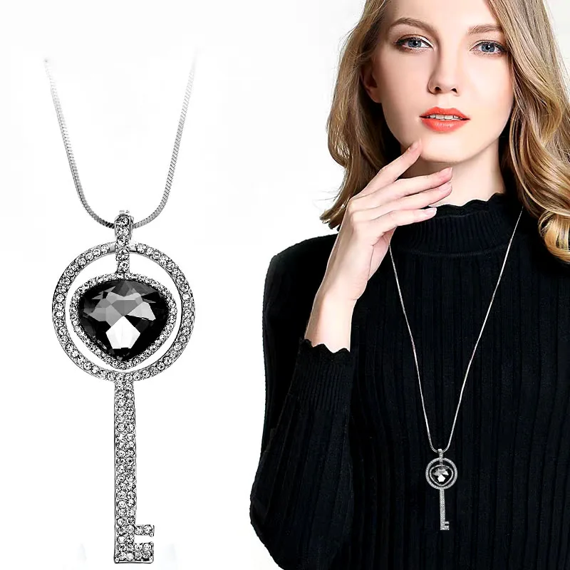 

SINLEERY Big Gray Cubic Zirconia Key Pendant Women Sweater Necklace Silver Color Long Chain Custome Jewelry MY083 SSI