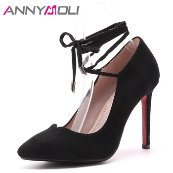 

ANNYMOLI Women Pumps High Heels Party Shoes Pointed Toe Ankle Strap High Heels Sexy Bow Stiletto Heels Spring Shoes Black Red