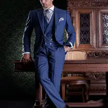 Модные две кнопки синий Жених Смокинги друзей жениха Мужские свадебные костюмы для выпускного вечера Жених(куртка+ брюки+ жилет+ галстук) K: 796