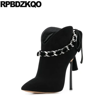 

Chain Custom 10 Women Black Fetish Big Size Booties Boots Winter 2018 Shoes Pointed Toe Stiletto High Quality Bow Sexy Heel