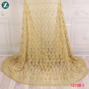 

African Lace Fabric Handmade Beads 2018 Latest Golden Yellow Lace Fabric High Quality Embroidered Tulle Lace Fabric XZ1870-1