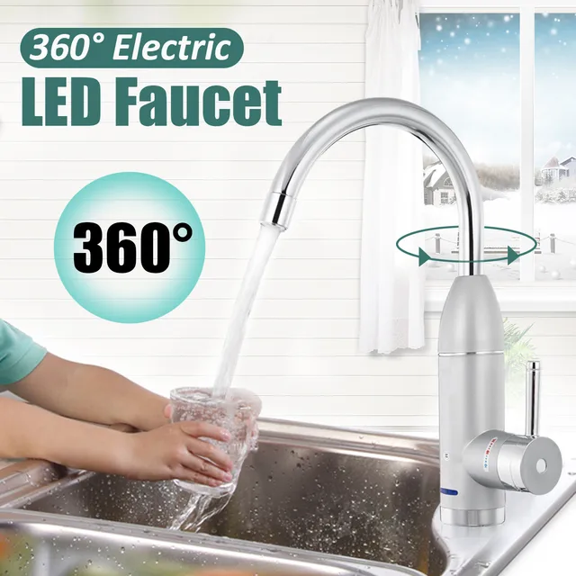 Electric Water Heater Faucet Hot Cold Mixer Faucet 360 Degree Adjustable Kitchen Instant Heating Tap Water Heater with LED