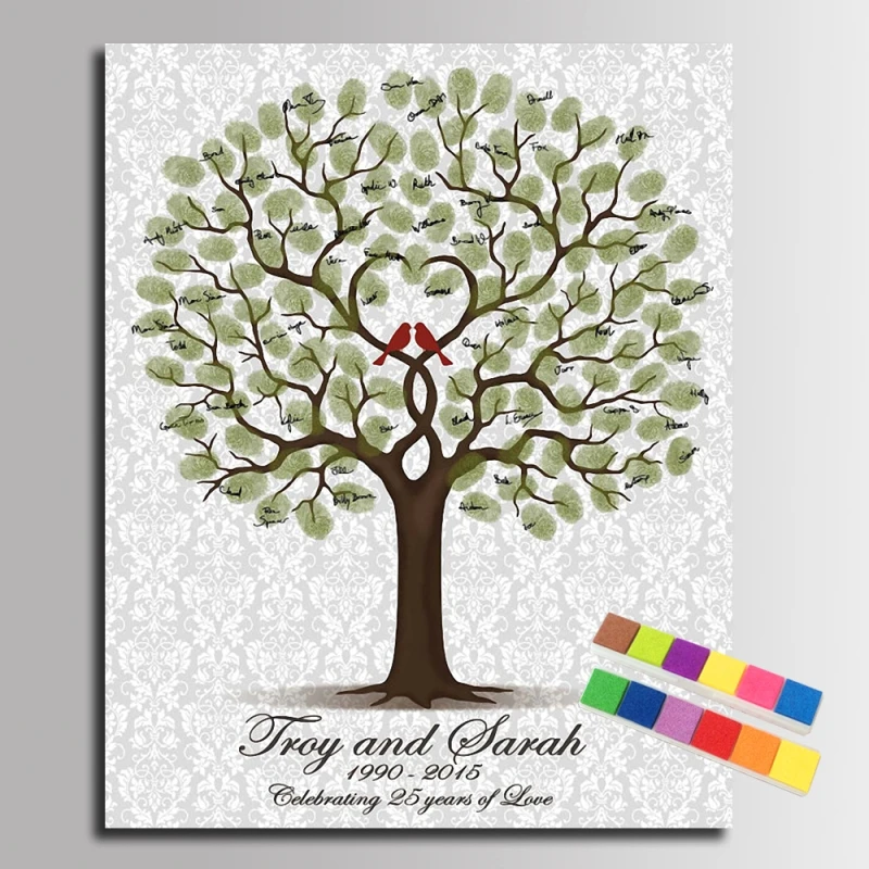 Fingerprint Tree Signature Painting Loved Birds Wedding Green Tree ...