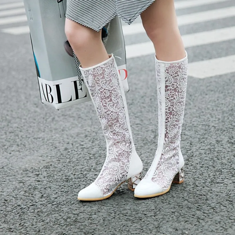 

US4-13 Womens Knee High Thigh Boots Lace Mesh Breathable Block High Heel Shoes Hollow Out Zipper Black White Summer A1030