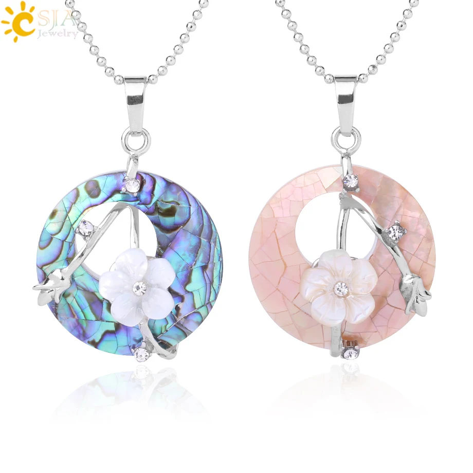 

CSJA Colorful Natural Abalone Shell Pendants Necklaces White Pink Round Gems Beads Flower Zircon Women Charms Jewelry Gifts F873