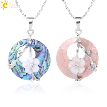 

CSJA Colorful Natural Abalone Shell Pendants Necklaces White Pink Round Gems Beads Flower Zircon Women Charms Jewelry Gifts F873