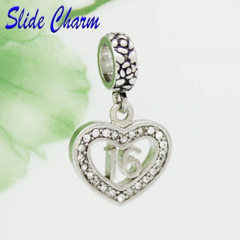 

Шарм Слайд, бесплатная доставка, подвеска с белыми кристаллами для 16-летней девушки, подвеска в виде сердца, бусины-шармы подходят для браслета Pandora