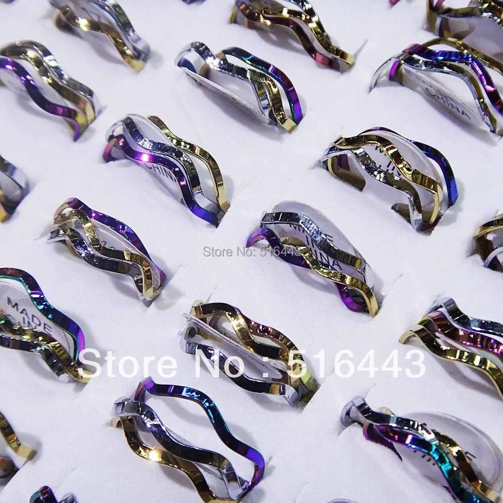 

Factory Direct Selling 30Sets Stainless steel Fashion Rainbow Colorful 3 in 1 Waves Rings Joint Rings Wholesale Jewelry Lot A467