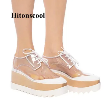 

Brand Women High Platform Lace Up Sneakers Creepers Runway Sport Shoes Woman tenis feminino PVC Clear Sneakers Women Shoes